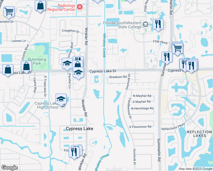 map of restaurants, bars, coffee shops, grocery stores, and more near 1520 Pinecrest Road in Fort Myers