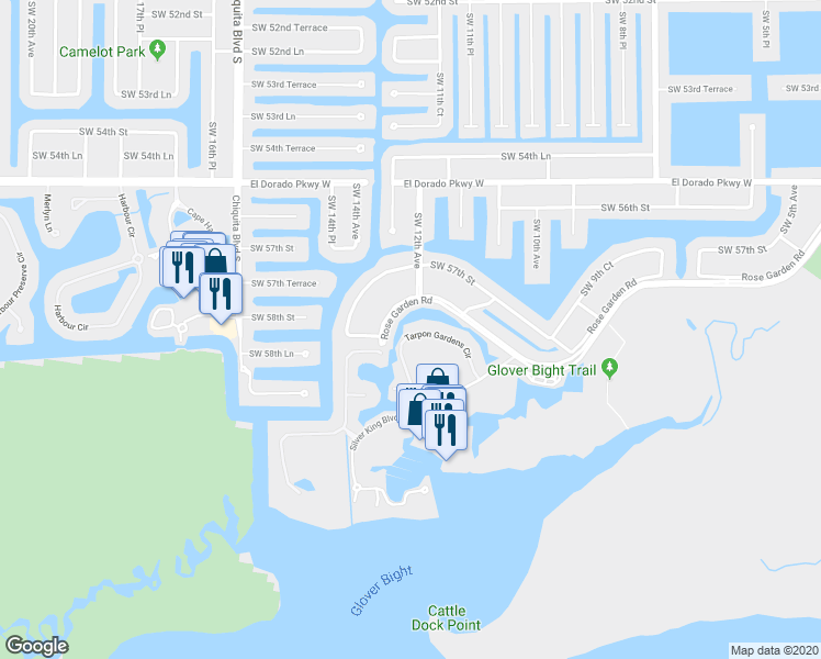 map of restaurants, bars, coffee shops, grocery stores, and more near 5933 Tarpon Gardens Circle in Cape Coral