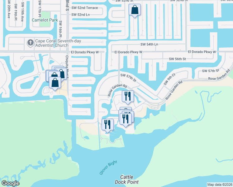 map of restaurants, bars, coffee shops, grocery stores, and more near 5933 Tarpon Gardens Circle in Cape Coral