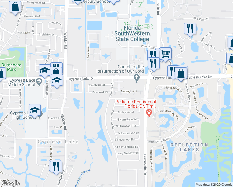 map of restaurants, bars, coffee shops, grocery stores, and more near 42 Tozer Court in Fort Myers