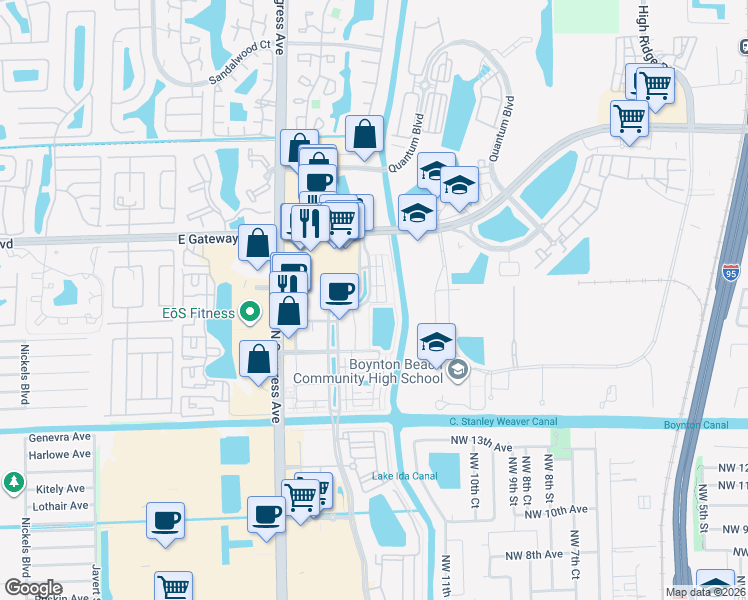 map of restaurants, bars, coffee shops, grocery stores, and more near 1728 Vía Granada in Boynton Beach