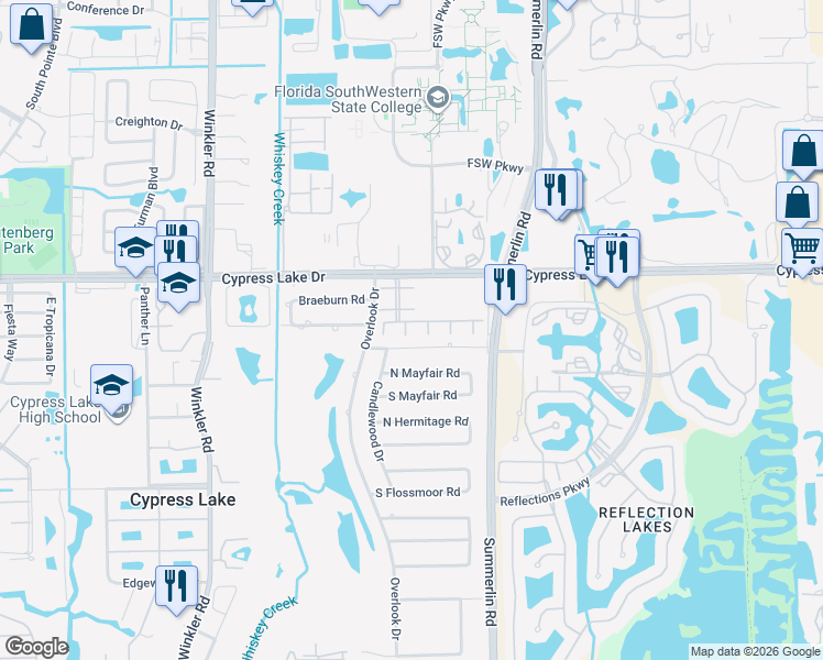 map of restaurants, bars, coffee shops, grocery stores, and more near 42 Tozer Court in Fort Myers
