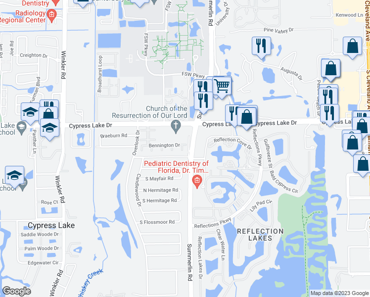map of restaurants, bars, coffee shops, grocery stores, and more near 3517 Knollwood Road in Fort Myers