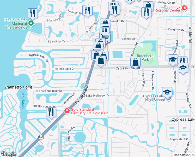 map of restaurants, bars, coffee shops, grocery stores, and more near 1069 Southdale Road in Fort Myers