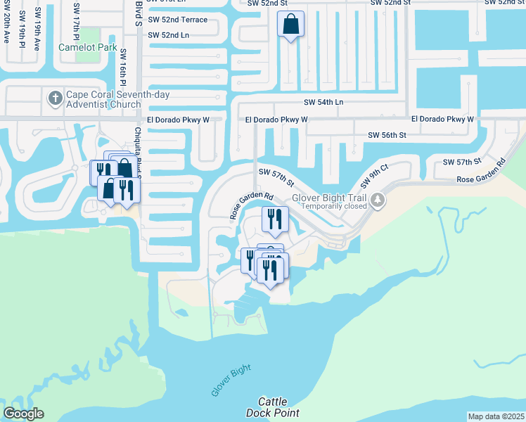 map of restaurants, bars, coffee shops, grocery stores, and more near 5933 Tarpon Gardens Circle in Cape Coral
