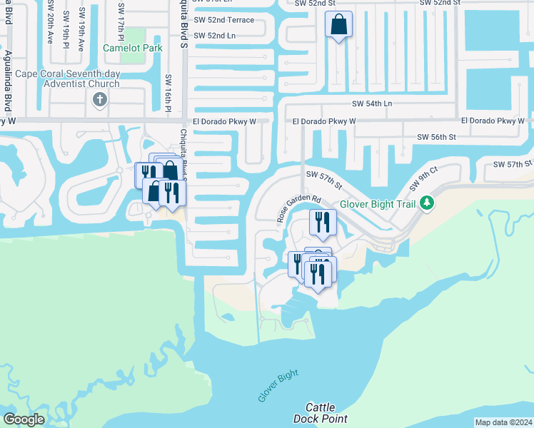 map of restaurants, bars, coffee shops, grocery stores, and more near 1441 Southwest 58th Terrace in Cape Coral