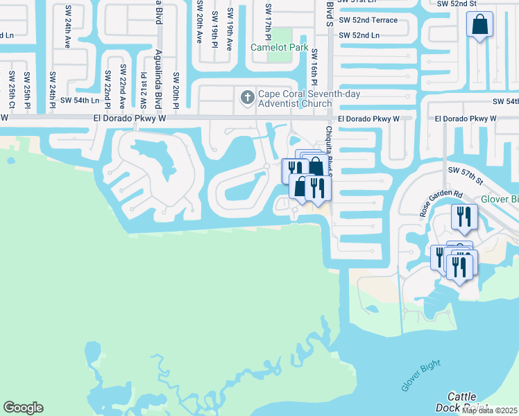 map of restaurants, bars, coffee shops, grocery stores, and more near 5813 Harbour Circle in Cape Coral