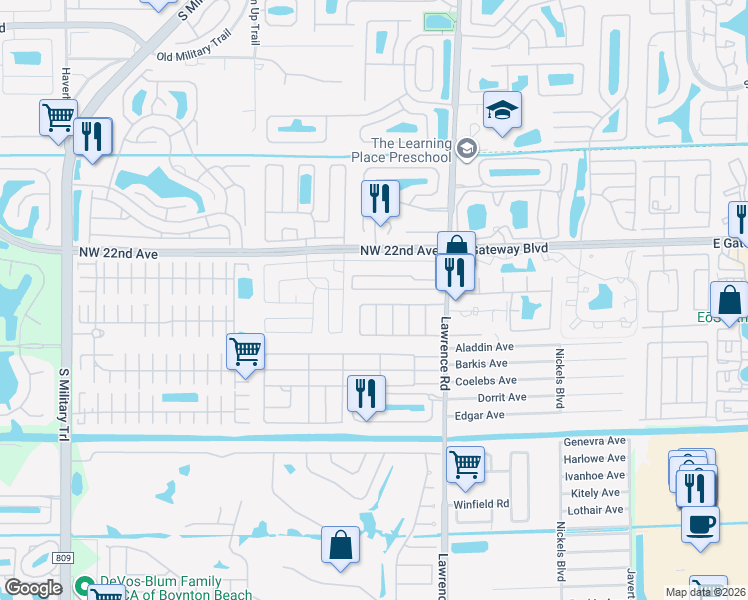 map of restaurants, bars, coffee shops, grocery stores, and more near 4141 North Shady Lane in Boynton Beach
