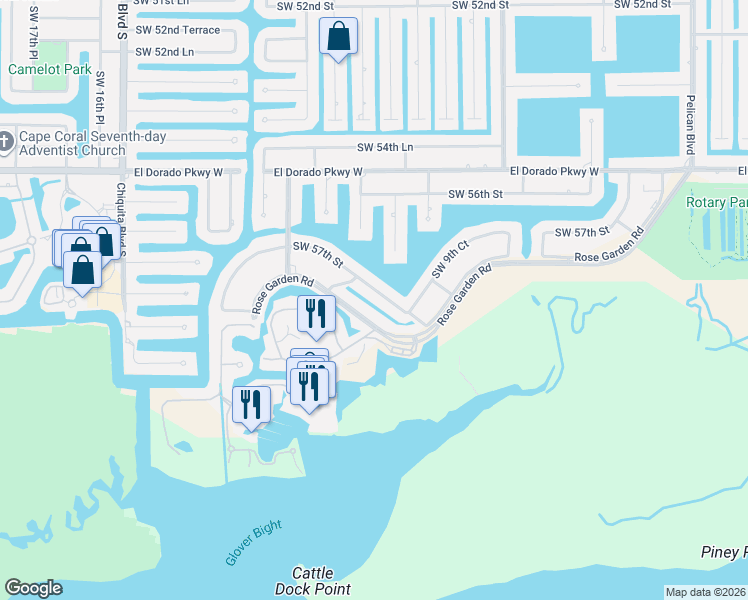 map of restaurants, bars, coffee shops, grocery stores, and more near 1054 Southwest 57th Street in Cape Coral