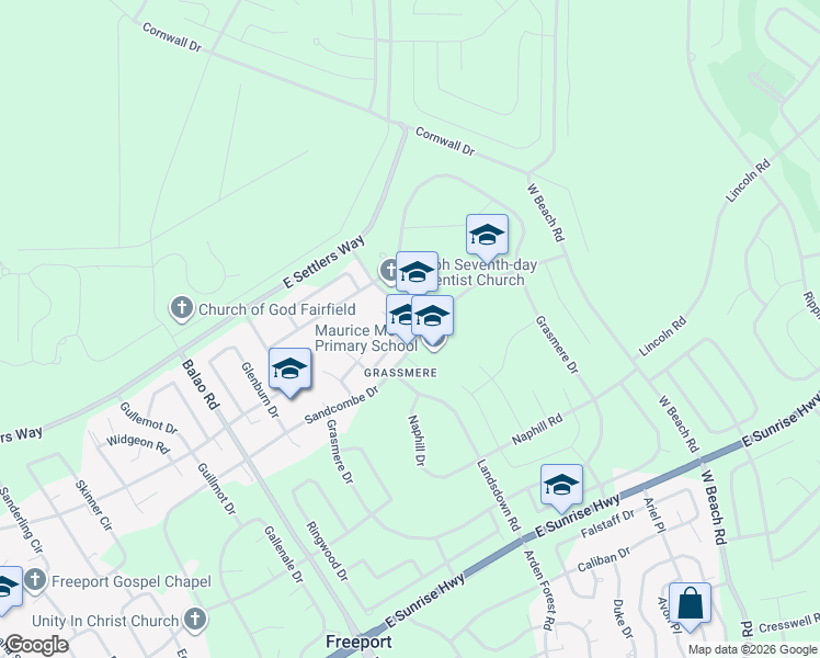 map of restaurants, bars, coffee shops, grocery stores, and more near Sandcombe Drive in Freeport