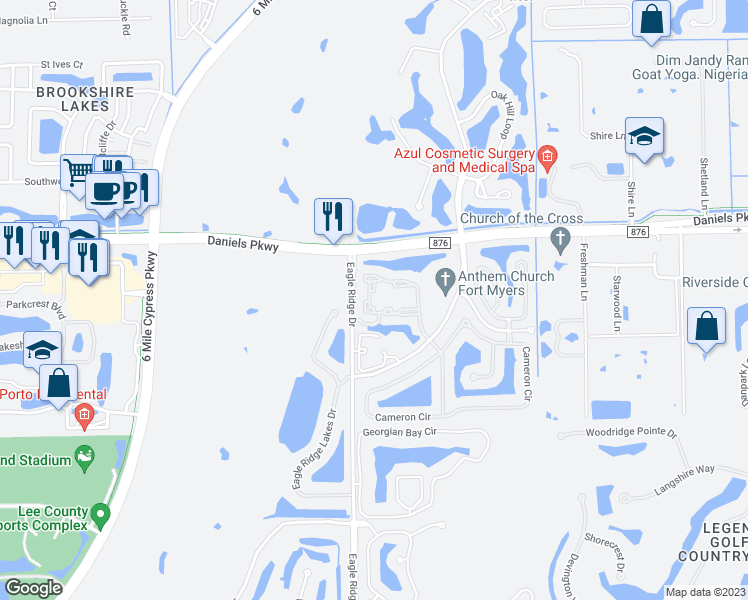 map of restaurants, bars, coffee shops, grocery stores, and more near 13521 Eagle Ridge Drive in Fort Myers