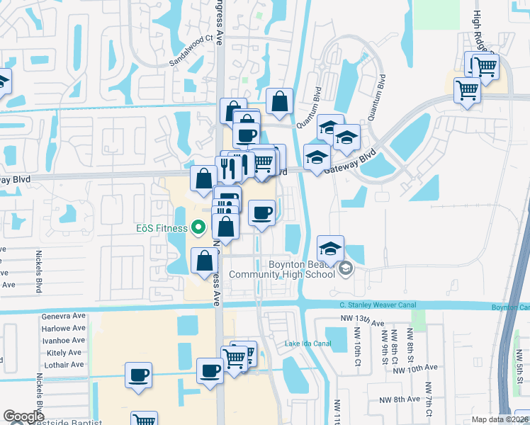 map of restaurants, bars, coffee shops, grocery stores, and more near 1811 Renaissance Commons Boulevard in Boynton Beach