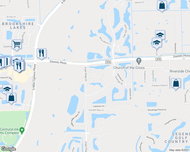 map of restaurants, bars, coffee shops, grocery stores, and more near 13521 Eagle Ridge Drive in Fort Myers