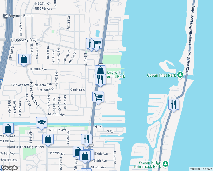 map of restaurants, bars, coffee shops, grocery stores, and more near 723 Manatee Bay Drive in Boynton Beach