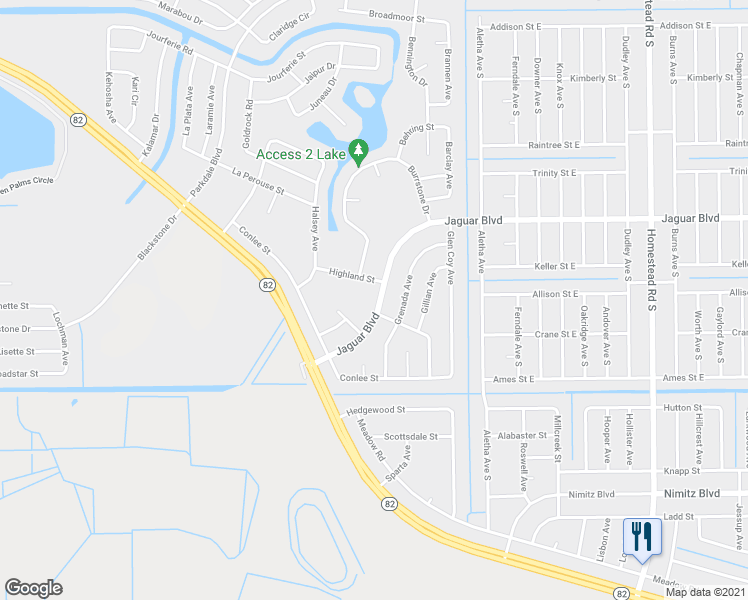map of restaurants, bars, coffee shops, grocery stores, and more near 429 Jaguar Boulevard in Lehigh Acres