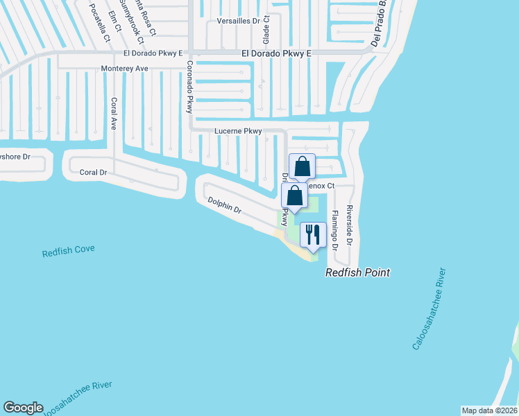 map of restaurants, bars, coffee shops, grocery stores, and more near 1039 Dolphin Drive in Cape Coral