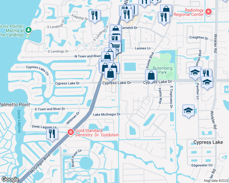 map of restaurants, bars, coffee shops, grocery stores, and more near 1135 Southdale Road in Fort Myers