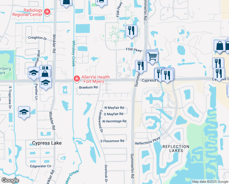 map of restaurants, bars, coffee shops, grocery stores, and more near 3575 Bennington Drive in Fort Myers