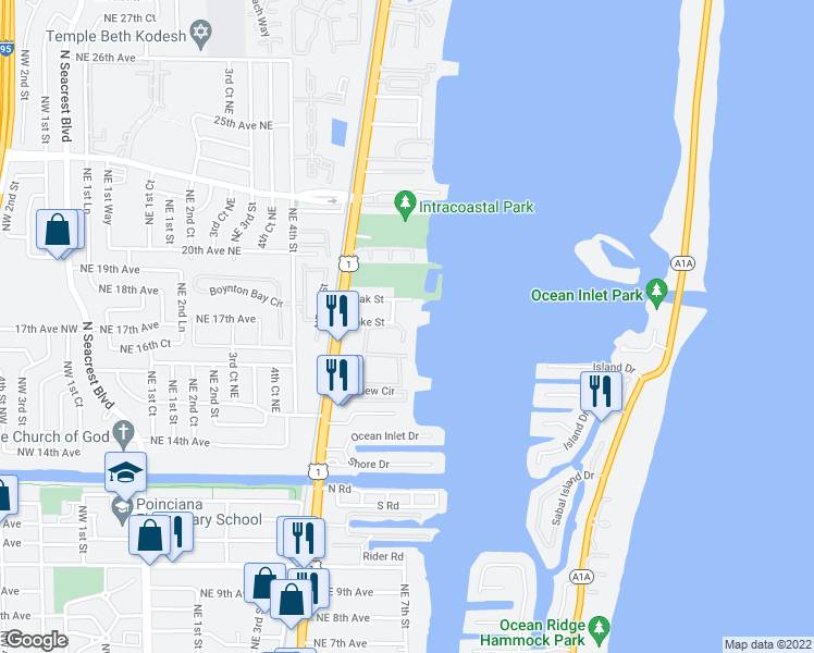 map of restaurants, bars, coffee shops, grocery stores, and more near 16 Vía Lago in Boynton Beach