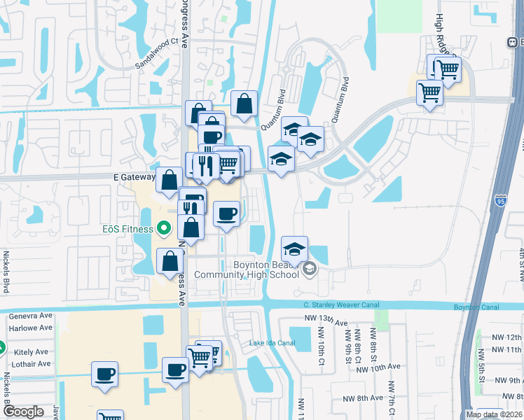 map of restaurants, bars, coffee shops, grocery stores, and more near 1728 Vía Granada in Boynton Beach