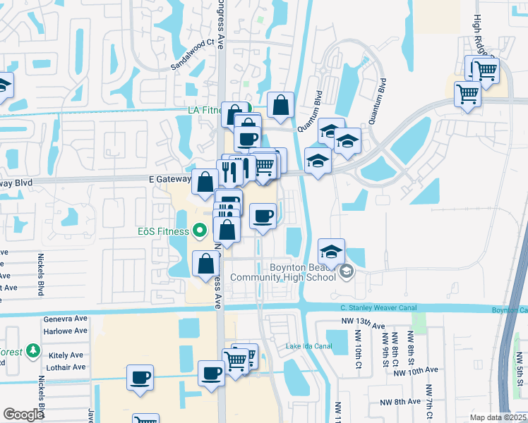 map of restaurants, bars, coffee shops, grocery stores, and more near 1831 Renaissance Commons Boulevard in Boynton Beach