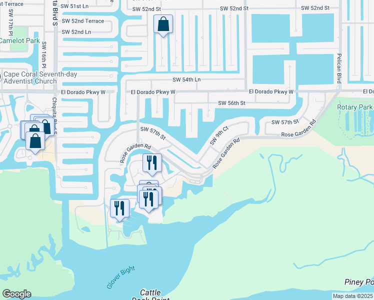map of restaurants, bars, coffee shops, grocery stores, and more near 1057 Southwest 57th Street in Cape Coral