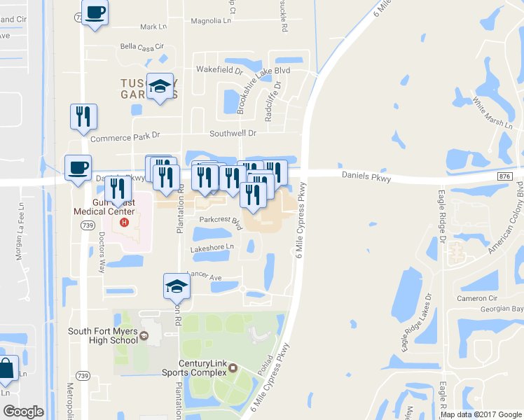 map of restaurants, bars, coffee shops, grocery stores, and more near 6900 Daniels Parkway in Fort Myers