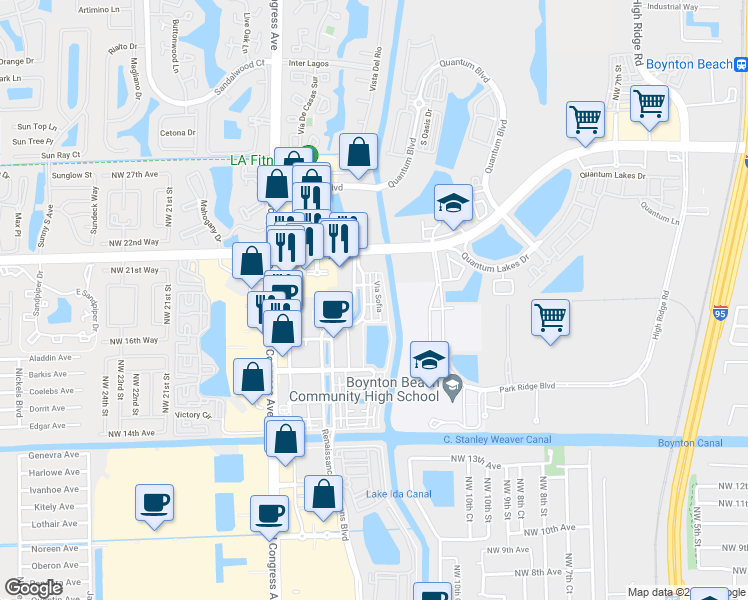 map of restaurants, bars, coffee shops, grocery stores, and more near 1808 Via Granada in Boynton Beach