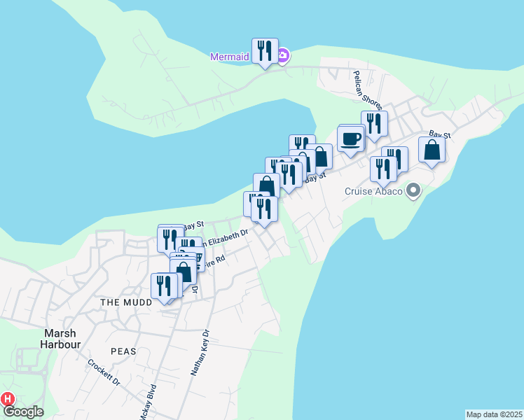 map of restaurants, bars, coffee shops, grocery stores, and more near Bay Street in Marsh Harbour
