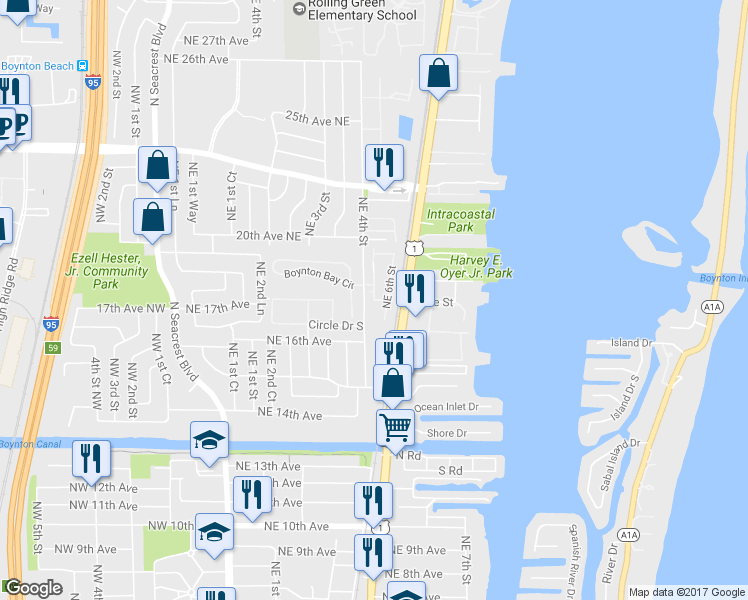 map of restaurants, bars, coffee shops, grocery stores, and more near 165 B Street in Boynton Beach