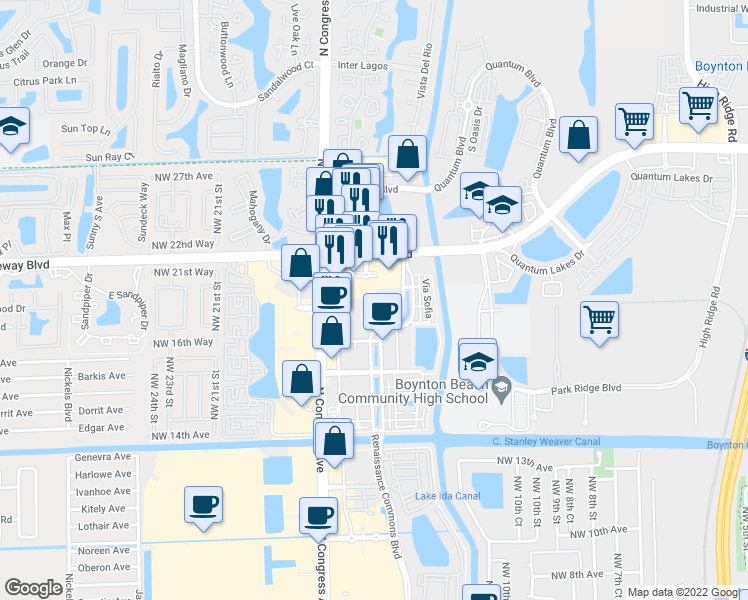 map of restaurants, bars, coffee shops, grocery stores, and more near 1500 Gateway Boulevard in Boynton Beach