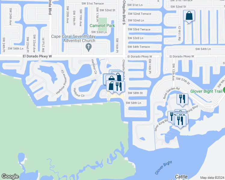 map of restaurants, bars, coffee shops, grocery stores, and more near 5789 Cape Harbour Drive in Cape Coral