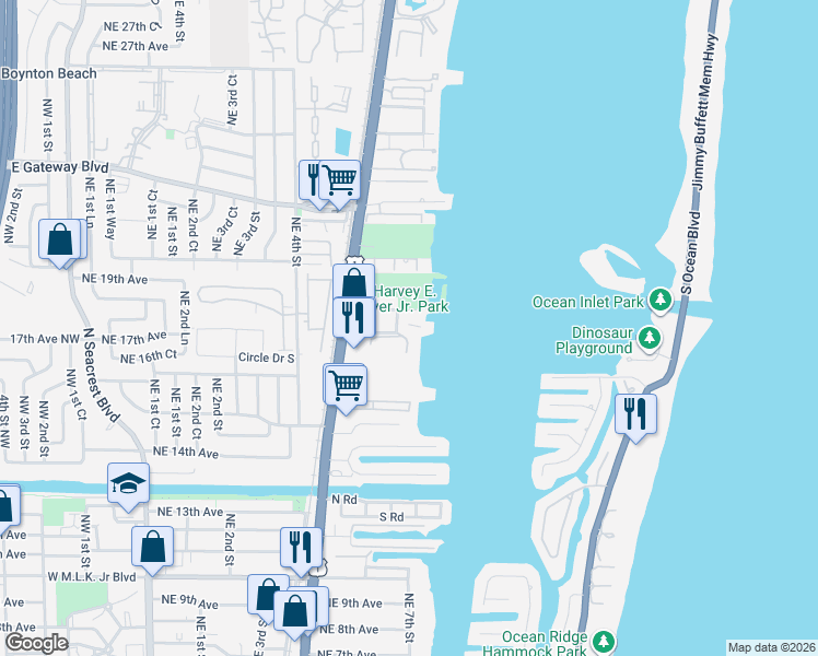 map of restaurants, bars, coffee shops, grocery stores, and more near 670 Oak Street in Boynton Beach
