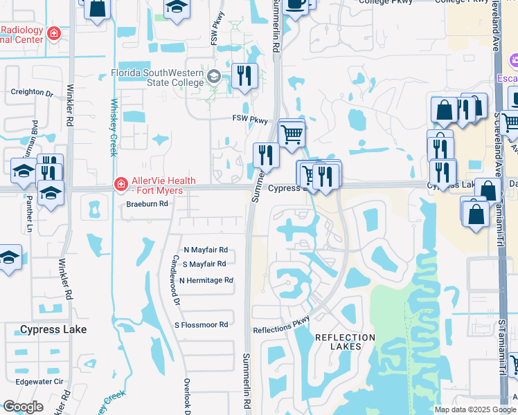 map of restaurants, bars, coffee shops, grocery stores, and more near 7964 Summerlin Lakes Drive in Fort Myers