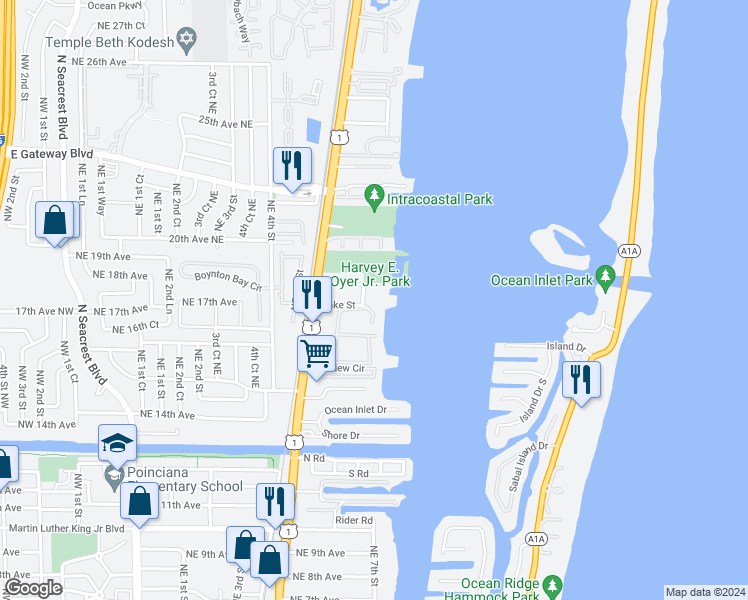 map of restaurants, bars, coffee shops, grocery stores, and more near 670 Oak Street in Boynton Beach