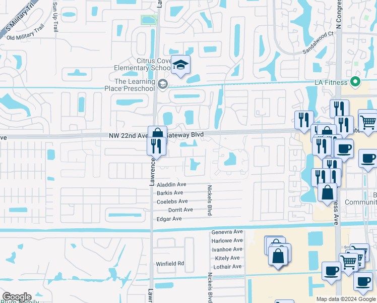 map of restaurants, bars, coffee shops, grocery stores, and more near 3874 West Sandpiper Drive in Boynton Beach