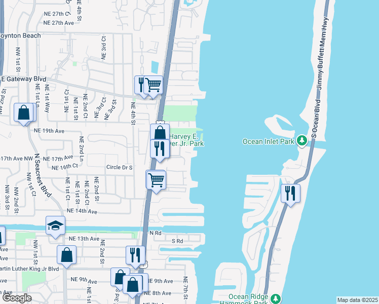 map of restaurants, bars, coffee shops, grocery stores, and more near 670 Oak Street in Boynton Beach