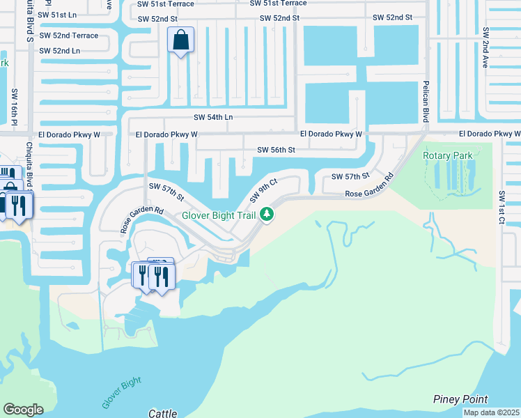 map of restaurants, bars, coffee shops, grocery stores, and more near 5730 Southwest 9th Court in Cape Coral