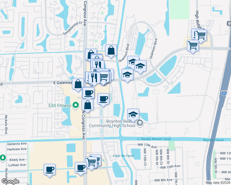map of restaurants, bars, coffee shops, grocery stores, and more near 1872 Vía Granada in Boynton Beach