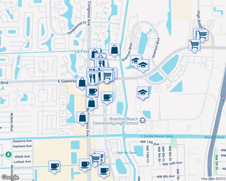 map of restaurants, bars, coffee shops, grocery stores, and more near 1635 Renaissance Commons Boulevard in Boynton Beach