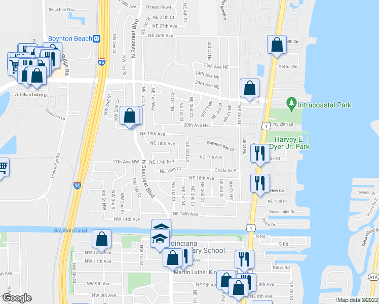 map of restaurants, bars, coffee shops, grocery stores, and more near 1830 Northeast 2nd Lane in Boynton Beach