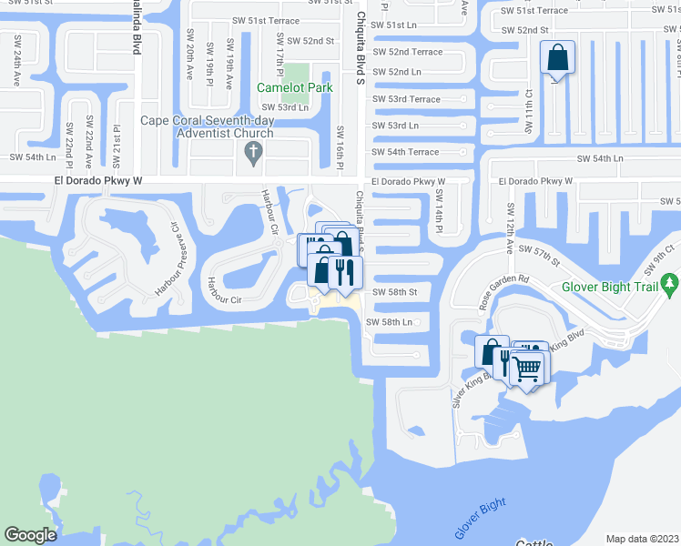 map of restaurants, bars, coffee shops, grocery stores, and more near 5789 Cape Harbour Drive in Cape Coral