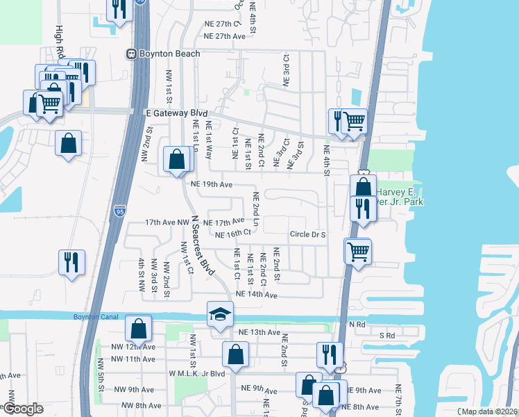 map of restaurants, bars, coffee shops, grocery stores, and more near 1830 Northeast 2nd Lane in Boynton Beach