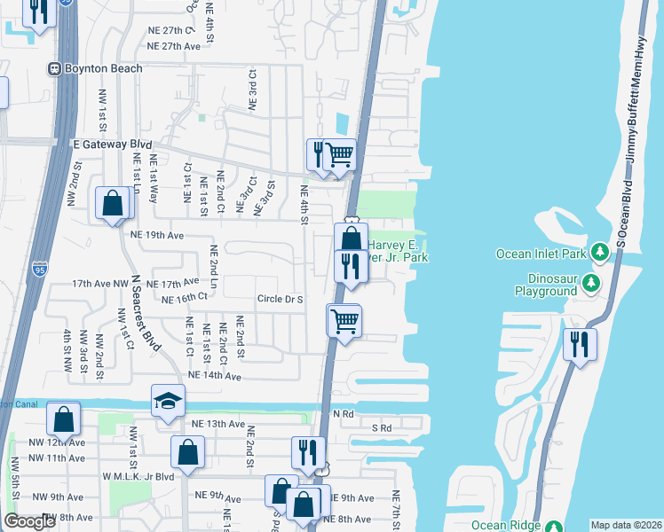 map of restaurants, bars, coffee shops, grocery stores, and more near 1896 U.S. 1 in Boynton Beach