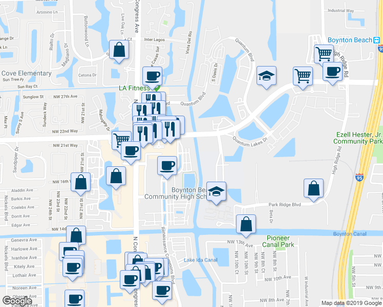 map of restaurants, bars, coffee shops, grocery stores, and more near 1874 Via Sofia in Boynton Beach