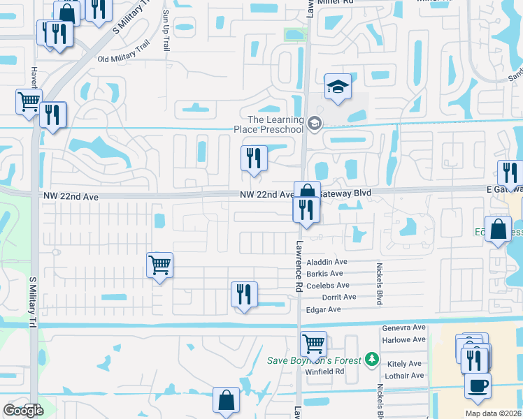 map of restaurants, bars, coffee shops, grocery stores, and more near 4156 Royal Manor Boulevard in Boynton Beach