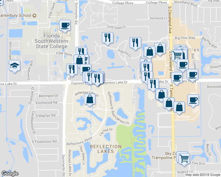 map of restaurants, bars, coffee shops, grocery stores, and more near 7774 Bay Lake Drive in Fort Myers