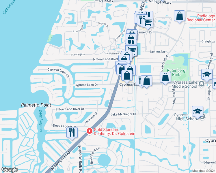 map of restaurants, bars, coffee shops, grocery stores, and more near 9741 Cypress Lake Drive in Fort Myers