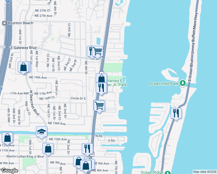 map of restaurants, bars, coffee shops, grocery stores, and more near 645 Oak Street in Boynton Beach