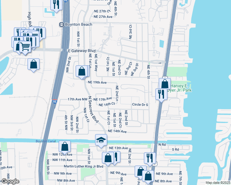 map of restaurants, bars, coffee shops, grocery stores, and more near 1851 Northeast 2nd Lane in Boynton Beach